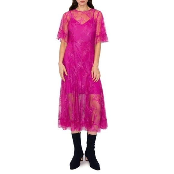 Melloday Pink Floral Lace Short Sleeve Cami Slip Sheer Midi Dress XS NWOT - Picture 1 of 16